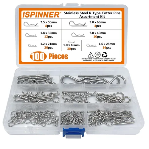 Vista 3 de ISPINNER Kit surtido de 100 pines de chaveta de acero inoxidable 304, clips R de 7 tamaños para sistemas de bloqueo de pasador de enganche