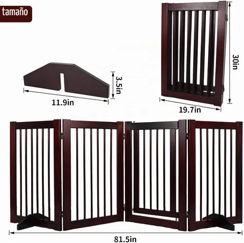 Vista 2 de Puerta de madera independiente para mascotas, puerta para mascotas para perros, valla de madera de 4 paneles de 29.5 pulgadas con 2 soportes, puerta