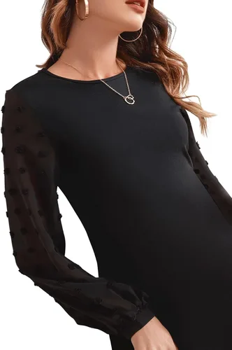 Vista 3 de SweatyRocks Vestido Mini Corto de Línea A de Manga Larga con Malla Elegante y Contraste para Mujer