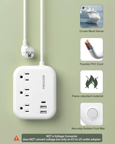 Vista 3 de Adaptador de enchufe de viaje europeo con USB C, adaptador de salida ROOTOMA de EE. UU. a Europa, 3 tomas de corriente, 3 puertos USB, regleta