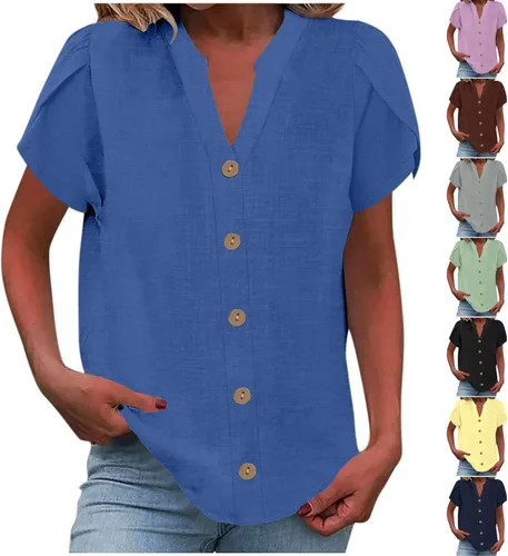 Vista 24 de Camisetas de verano para mujer, de manga corta, pétalos, de lino, con bolsillo, casual, con botones, blusas básicas
