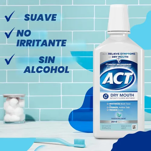 Vista 7 de ACT Enjuague bucal anticaries cero alcohol con fluoruro para boca seca, menta calmante, 33.8 fl. oz.