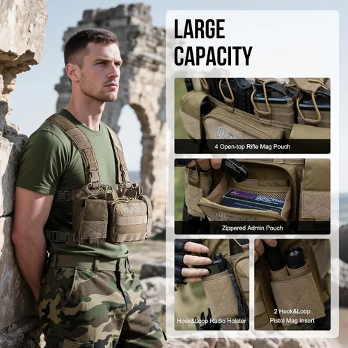 Vista 4 de ONETIGRIS Chest Rig, Dangler Pouch for Hunting Shooting Hiking MOLLE Chest Rigs Tactical Chest Rig with Utility Admin Pouch