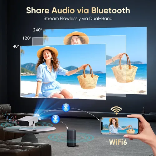 Vista 5 de Soporte para mini proyector 4K, WiFi 6 BT 5, Keystone automático Negro
