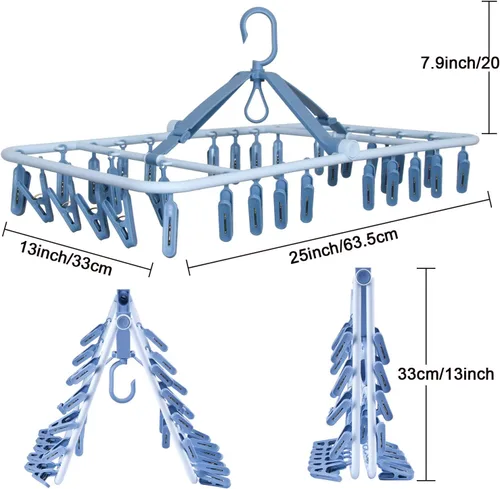 Vista 3 de Foshine Perchas plegables con clip, color azul, con 32 clips de secado, gancho a prueba de viento para ropa interior, calcetines, brasieres, ropa