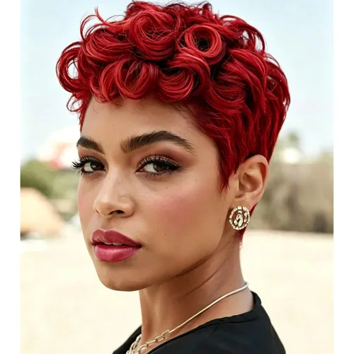 Vista 11 de MOONSHOW - Pelucas cortas de corte Pixie para mujeres negras, peluca de corte Pixie marrón Short Pixie Wigs for Black Women Natural Layered Short