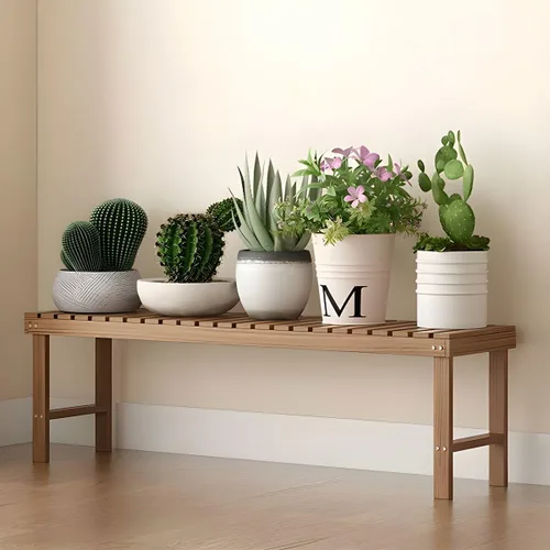 Vista 26 de Soporte rectangular para plantas de madera maciza de 1 nivel, 4 patas, flores, suculentas, rábano verde, de una sola capa, escalera de balcón Marrón