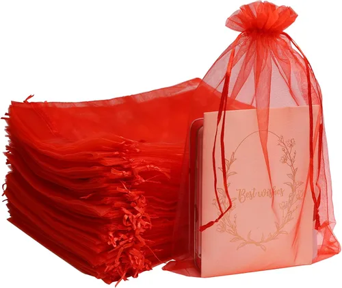 Vista 8 de Uigidori 100 bolsas de organza de alta calidad, bolsas de regalo de organza transparente de 8 x 12 pulgadas con cordón, bolsas grandes de malla