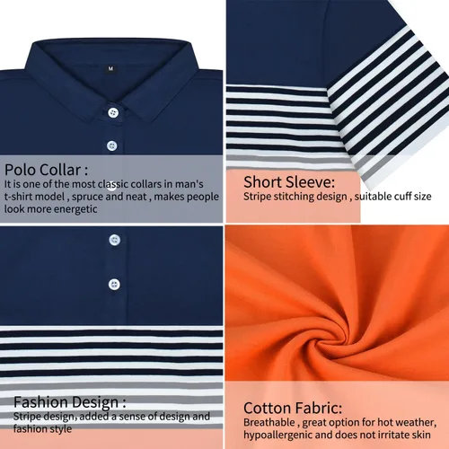 Vista 5 de LOGEEYAR Polo de manga corta para hombre, ajuste delgado, color contrastante, costuras a rayas, camiseta casual