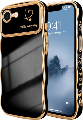Vista 75 de LCHULLE - Funda para iPhone Air, linda para mujeres y niñas, con forma de onda, color azul bebé Luxury Plating Curly Wavy Frame with Love Heart