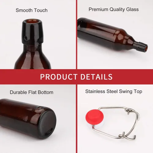 Vista 3 de Botellas de vidrio, botella de almacenamiento de vidrio marrón recargable con tapas abatibles, botellas de cierre de hierro ámbar con calcomanías