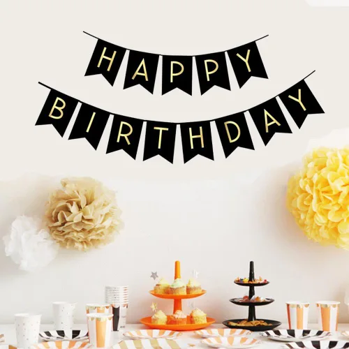 Vista 3 de Fecedy, Banderín y Cartel de Feliz Cumpleaños, Negro con Letras Doradas y Brillantes, Suministros para Fiestas.