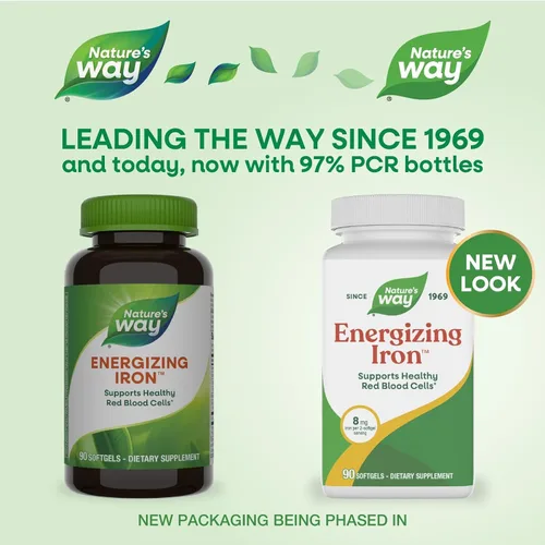 Vista 2 de Nature's Way Hierro energizante - Soporte de glóbulos rojos* - 8 mg de hierro, -200 mcg de cianocobalamina y vitamina B12 por porción de 2 cápsulas