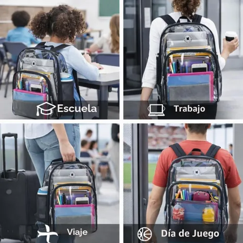 Vista 6 de K-Cliffs Large Transparent Backpack Clear Heavy Duty School Bag Durable Student Bookbag See Through Vinyl Daypack Workbag Claro/Negro