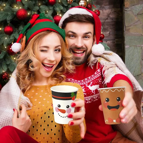 Vista 6 de 200 vasos de papel de Navidad de 12 onzas con tapas, tazas de té desechables de Navidad para bebidas frías, chocolate caliente, chocolate caliente