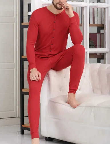 Vista 4 de COLORFULLEAF Ropa interior térmica de algodón para hombre, trajes de unión Henley Onesies capa base