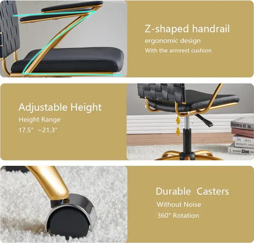 Vista 4 de Silla de oficina moderna de cuero, color dorado y negro, bonita silla de conferencias con respaldo medio con ruedas y brazos, cómoda silla giratoria