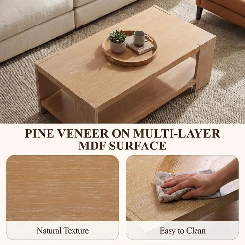 Vista 3 de chairus Mesa auxiliar de 47 pulgadas con almacenamiento de 2 niveles, mesa central rectangular de granja con patas de madera de pino maciza