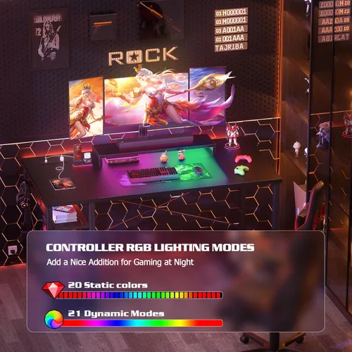 Vista 5 de Armocity Escritorio para computadora con luces LED, escritorio de juegos con toma de corriente y USB, mesa reversible para laptop 40 con soporte