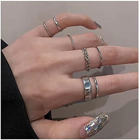 Vista 4 de 17Pcs Adjustable Punk Chain Rings Set Vintage Knuckle Gothic Rings Set Alloy Biker Obsidian Chain Open Rings Stackable Hollow Carved Finger Rings