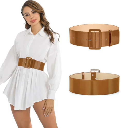 Vista 2 de WHIPPY Cinturón ancho de charol para mujer, hebilla cuadrada de moda, cintura alta, cinturones para vestidos
