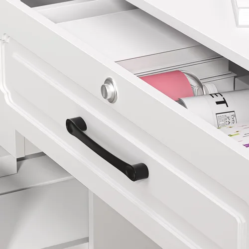 Vista 8 de Escritorio de tocador con espejo LED, 3 modos de iluminación de brillo ajustable, espejo de maquillaje con 4 cajones, tocador para dormitorio