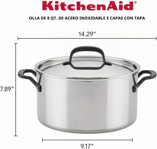 Vista 2 de KitchenAid Olla de acero inoxidable pulido de 5 capas con tapa, 8 cuartos de galón