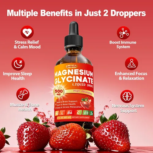 Vista 2 de Gotas líquidas de glicinato de magnesio de 500 mg – Alta absorción con vitamina B6, D3, C, zinc – Apoya el estado de ánimo, sueño, corazón y salud