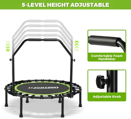 Vista 4 de ONETWOFIT Foldable Rebounder Trampoline for Adults, 40/45” Mini Fitness Trampoline W/Adjustable Foam Handle Bungees, Quiet Exercise Trampoline for