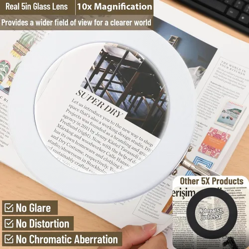 Vista 2 de LANCOSC Lupa de cristal real de grado óptico de 10 x 5 pulgadas con luz y soporte, lámpara de escritorio LED de 3 modos de color, regulable y sin