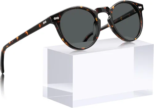 Vista 43 de CARFIA Gafas de sol polarizadas de acetato redondo para mujer, protección UV de cara pequeña con funda de cuero CA5288