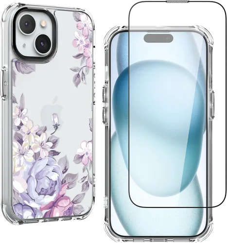 Vista 10 de Feitenn Funda para iPhone 15, policarbonato transparente + TPU suave a prueba de golpes, diseño de flores Beatuy con protector de pantalla de vidrio