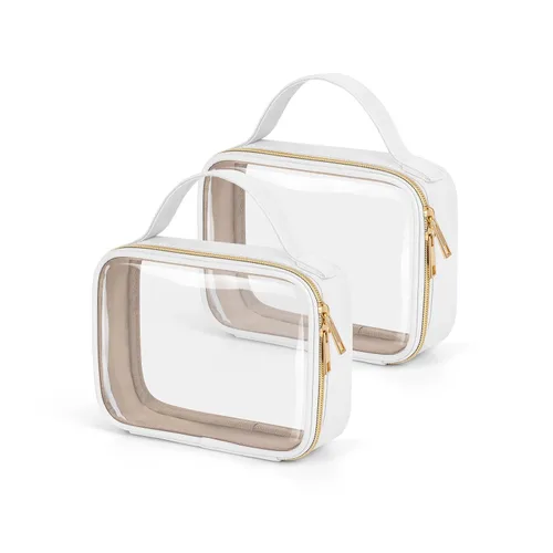 Vista 29 de Bolsa de aseo transparente Wedama, paquete de 2 bolsas de maquillaje transparentes con asas, bolsas cosméticas de PVC para mujeres y hombres, bolsas