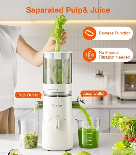 Vista 6 de Máquinas exprimidoras, exprimidor de prensa fría 2 en 1 para jugo y sorbete, apto para verduras y frutas con canal de 5 pulgadas de ancho, potente