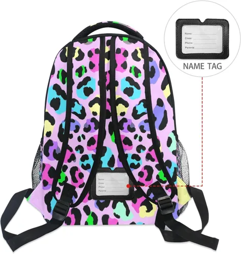 Vista 6 de Kcldeci Mochila escolar para niños pequeños, diseño de leopardo, leopardo, arcoíris, para niños, niñas, mochila escolar para libros de primaria A01