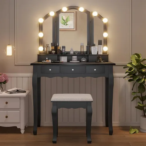 Vista 6 de Tiptiper Tocador de maquillaje con espejo y taburete triple iluminado