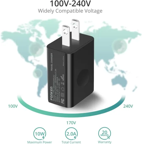 Vista 5 de Cargador de pared USB, adaptador de corriente FONKEN 5V 2A, cargador de viaje universal, enchufe USB, cargador de teléfono celular, bloque de bloque