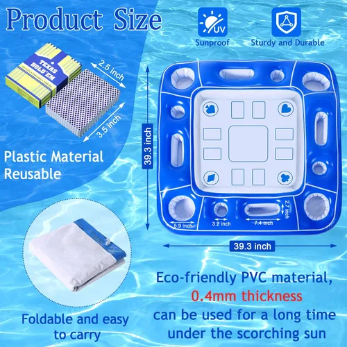 Vista 2 de Mesa de juego inflable para piscina con cartas impermeables (35.5 x 35.5 pulgadas, azul/blanco)
