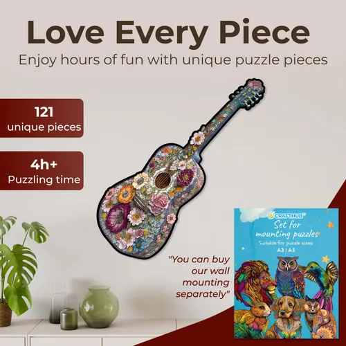 Vista 2 de Crafthub Rompecabezas de madera de instrumentos musicales para adultos, guitarra única A3 con 121 piezas de madera, rompecabezas con formas
