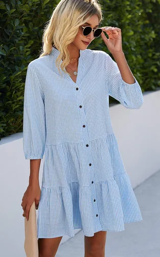 Vista 7 de CCTOO - Vestido de verano para mujer - Vestido camisero informal con cuello en V, manga 34 y botones, estampado floral, suelto y fluido