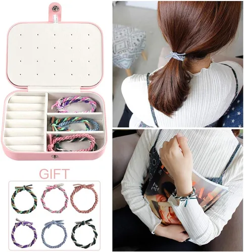 Vista 7 de DREAMGLAMOUR Joyería de viaje caja de viaje de doble capa joyero de viaje regalo para mujeres niñas con 6 pulseras de regalo collar aretes anillos