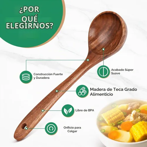 Vista 3 de Cucharas de madera para cocinar, juego de 2 piezas de utensilios de madera de cuchara de sopa y cuchara de pasta de espagueti con dientes, juego