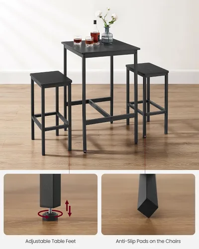 Vista 8 de VASAGLE - Juego de mesa de bar y sillas, mesa cuadrada con 2 taburetes, juego de pub para comedor para 2, ahorro de espacio para cocina, desayuno