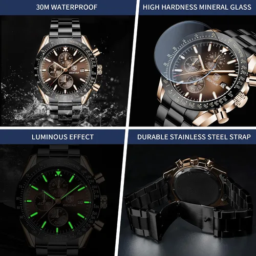 Vista 5 de BENYAR Reloj analógico de cuarzo cronógrafo impermeable luminoso de diseñador para hombre, reloj de pulsera para hombre, para negocios, trabajo