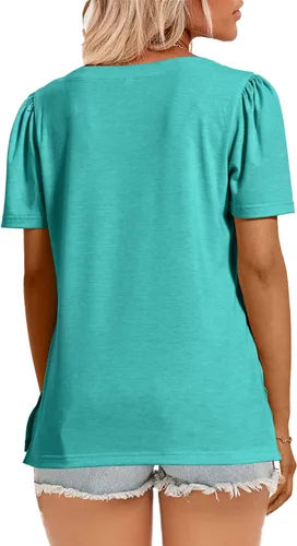 Vista 3 de Camisetas casuales de verano para mujer, manga corta, cuello redondo, manga abombada, ajuste holgado