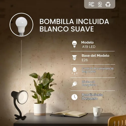 Vista 4 de Xtricity Lámpara LED de escritorio con clip con cuello de cisne flexible de 360°, luz de lectura para cabecera de cama, bombilla A19 de 6 W Base