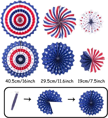 Vista 2 de ZERODECO Suministros de fiesta de Estados Unidos, juego de abanicos de papel azul marino y rojo, con pompones de estrella, remolinos colgantes