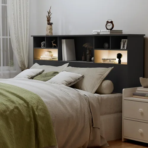 Vista 13 de Cabecero tamaño King solo con almacenamiento, estantería con 2 luces