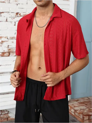 Vista 3 de VIPWOLF Camisa de playa con botones de manga corta con bordado de ojales para hombre