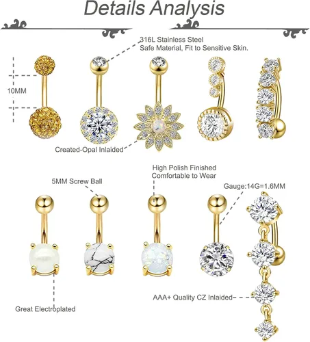 Vista 4 de REVOLIA 10 anillos de ombligo de acero inoxidable de 14 G para mujeres y niñas, anillos de ombligo invertido, circonita cúbica, piedra de mármol